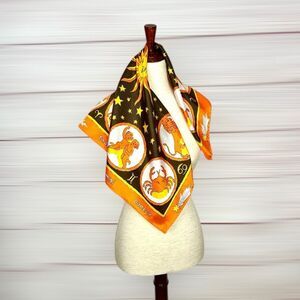 Burmel Silk Blend Scarf Vintage Zodiac Astrology Orange Brown Yellow 26x26"